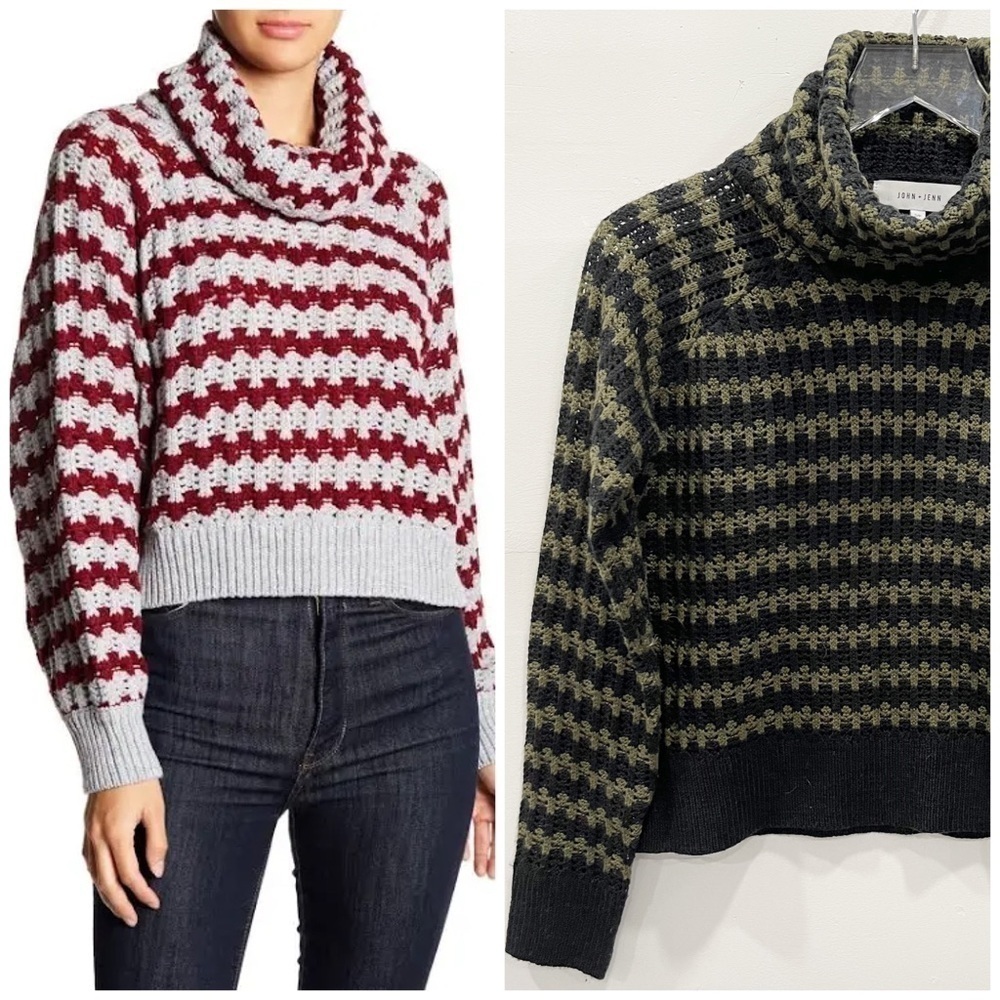 John + Jenn Chunky Knit Turtleneck Sweater Green Stripe Small
